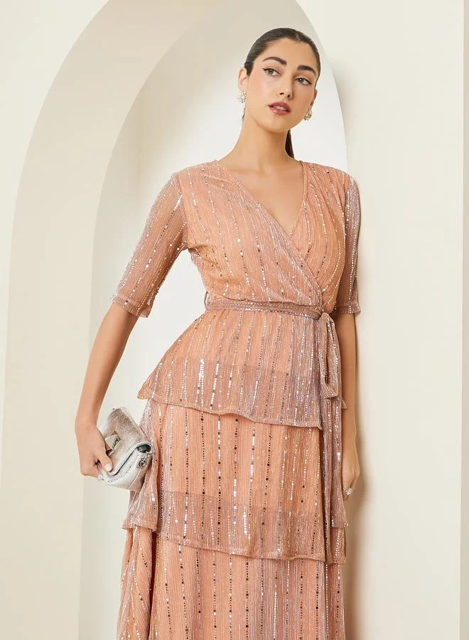 Styli Golden Sequin V-Neck Tiered Maxi Dress